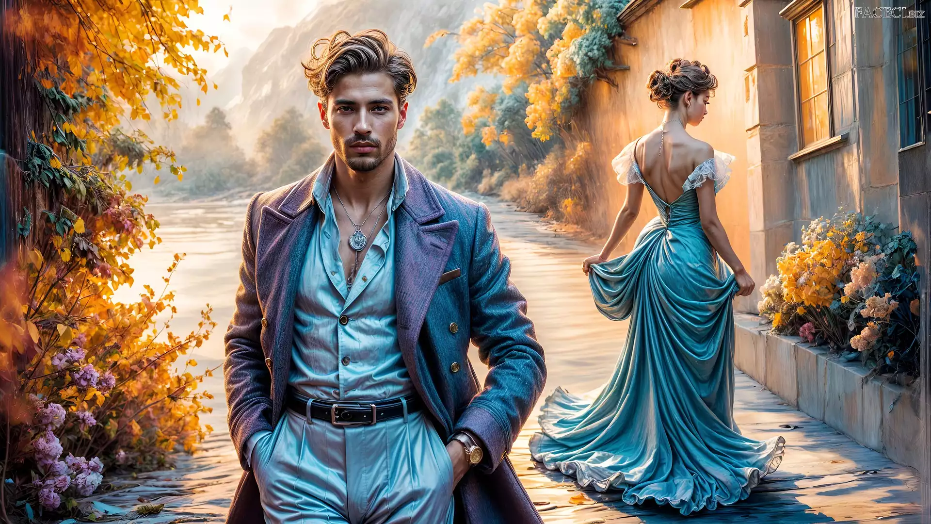 Jesień, Dom, Grafika, Mężczyzna, Kobieta