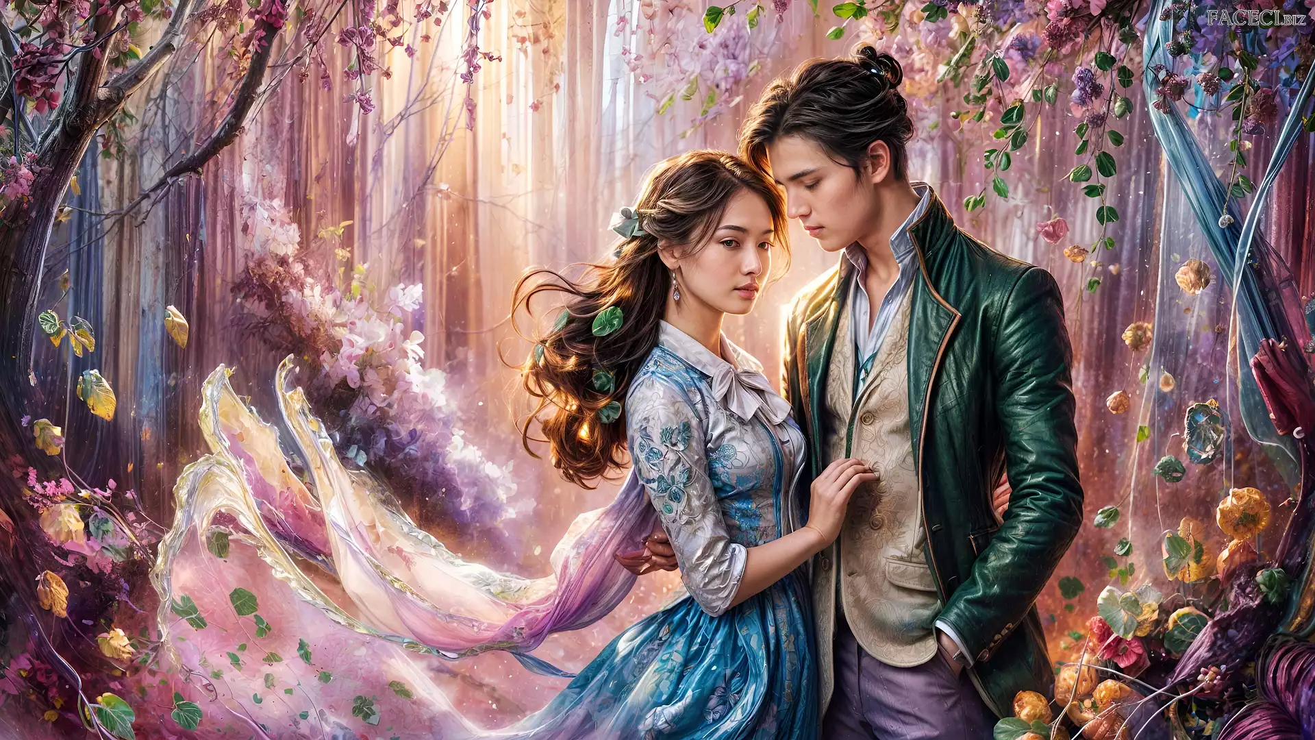 Kobieta, Mężczyzna, Drzewa, Grafika