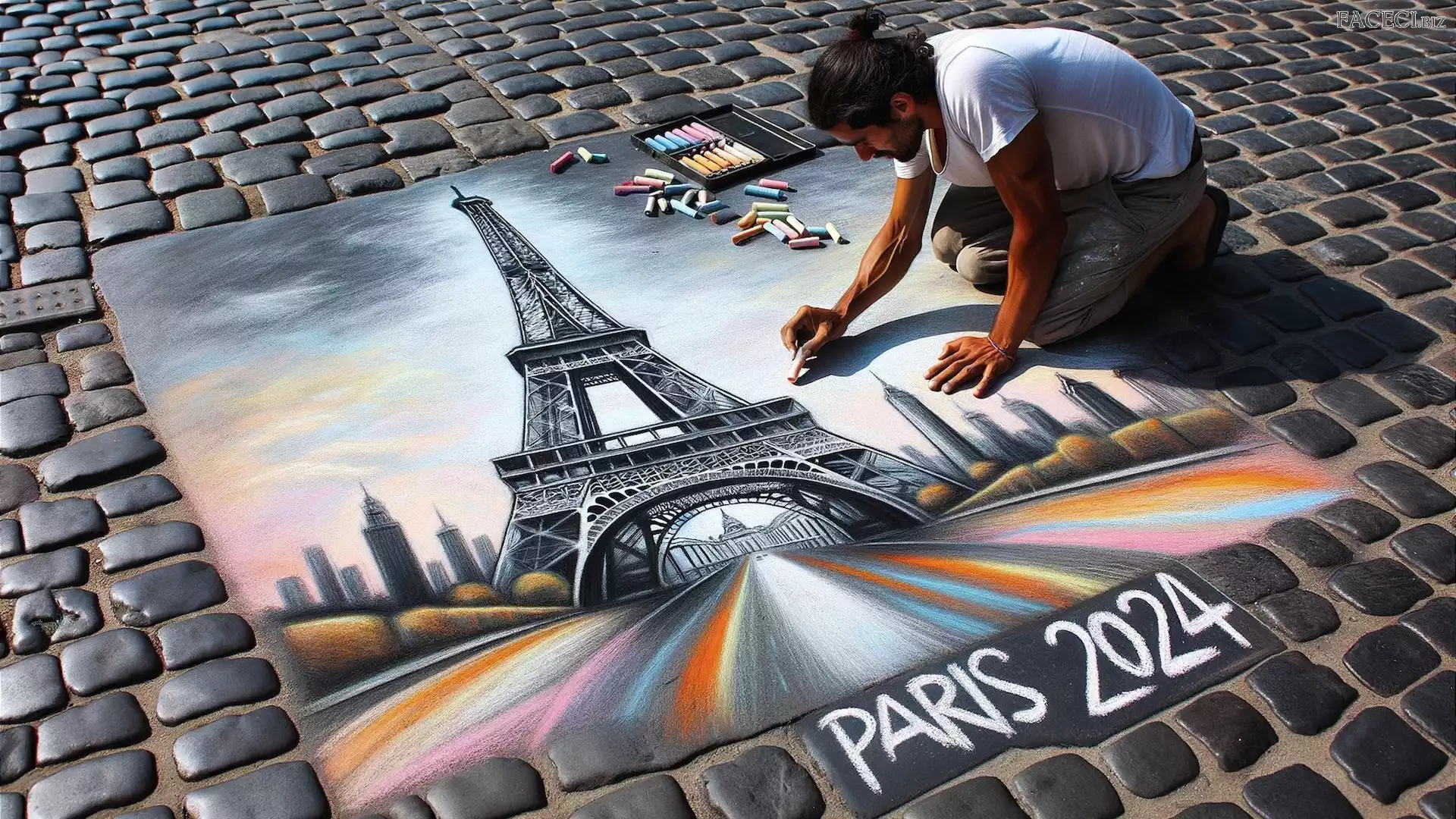 Wieża Eiffla, Grafika, Mężczyzna, Bruk, Rysunek, Ulica, Kreda