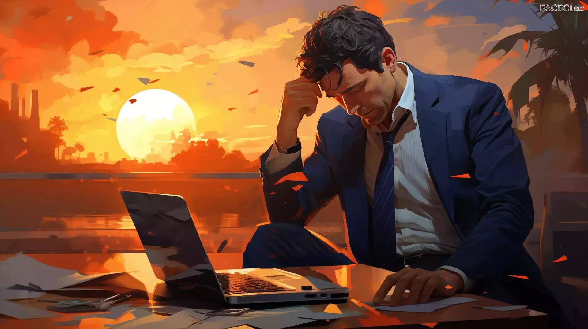 Mężczyzna, Laptop, 2D, Zachód słońca