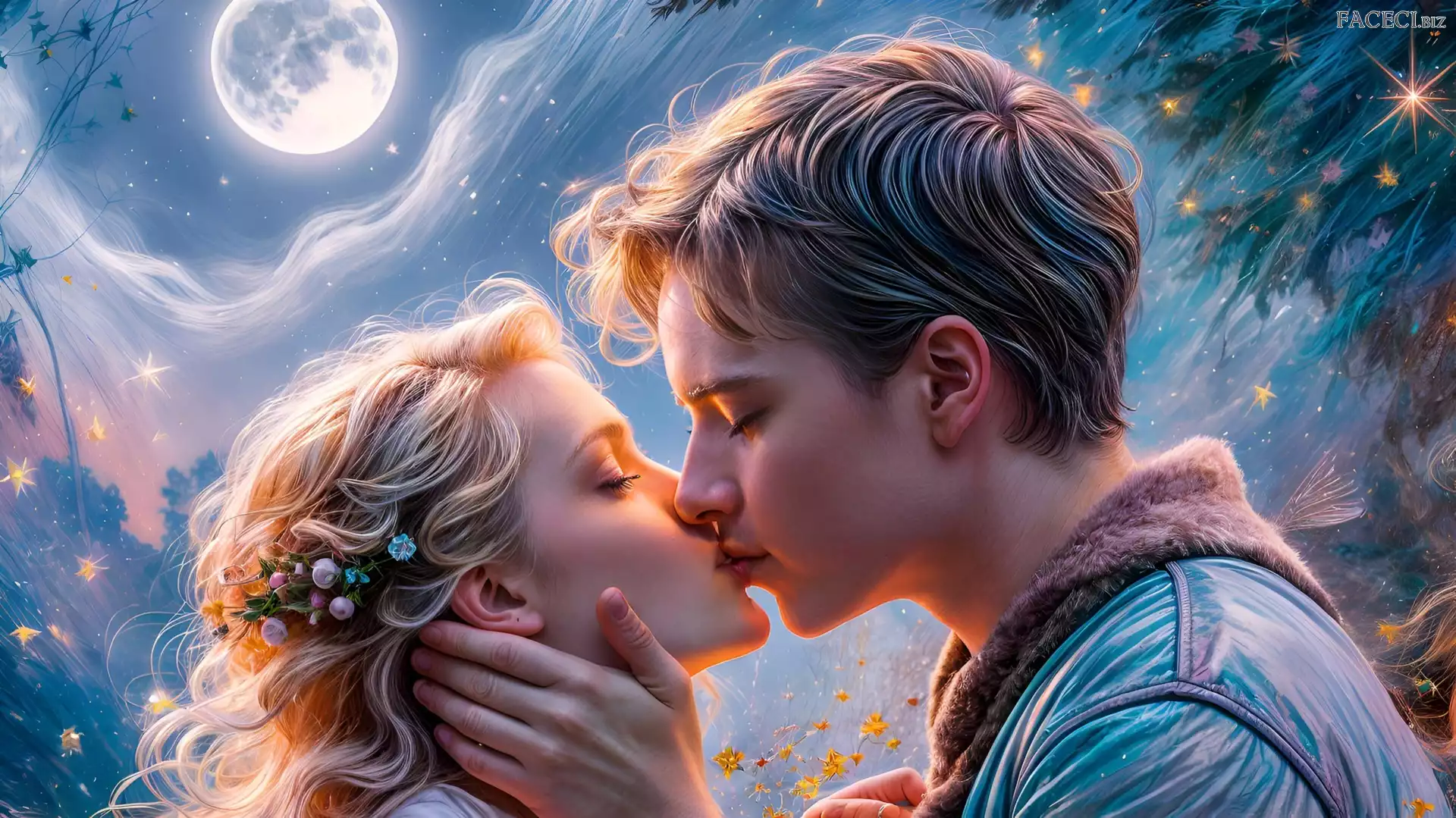 Kobieta, Księżyc, Mężczyzna, Para, Grafika, Zakochani, Pocałunek, Miłość